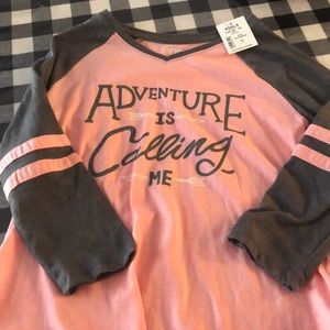 “Adventure Is Calling Me”. Pink and grey new top!
